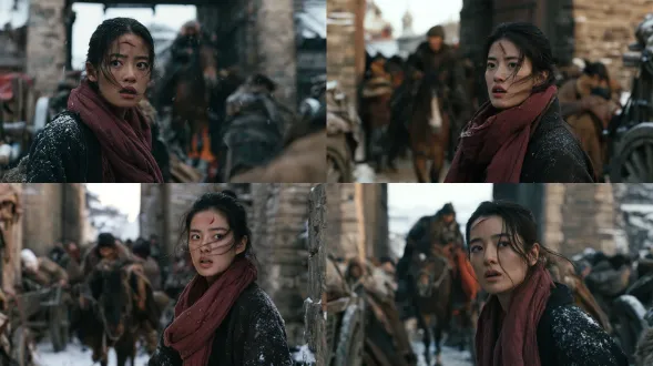 a restrained historical wuxia film still under morning snowfall at a city gate, capturing the instant a wounded caravan guard recognizes someone from her past. the camera uses an intimate 85mm over-shoulder angle from slightly behind her right side, so we read the turn of her face and the direction of her gaze rather than a posed portrait. snow gathers lightly on her dark outer robe and muted red scarf, while a small healing cut near her brow and wind-stung skin keep her grounded and lived-in. behind her, through shallow but readable depth, an old companion enters the gate leading a tired horse, partly obscured by passing townspeople and weathered stone pillars. the city gate remains active with bundled travelers, cart wheels, and thin morning breath in the cold air. soft snowy daylight gives the scene a diffuse, nearly shadowless realism, with subtle warmth only in brick, cloth, and skin tones. loose hair crosses her cheek, and her mouth has barely opened, as if recognition has interrupted thought. low-saturation color, natural snowfall detail, textured wool and leather, and restrained film grain make the frame feel observed rather than staged.
