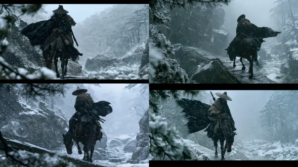 a battered middle-aged chinese swordsman rides a single exhausted, bony horse across a narrow ancient stone bridge in a remote mountain pass during a violent winter blizzard. a broad handwoven bamboo douli hat protects his lowered face, its rough woven surface thick with windblown snow. his old black linen cloak is pulled sharply backward by the storm, revealing a frayed wool shoulder wrap and an ordinary sheathed sword. the horse lowers its narrow head against the wind, placing one careful hoof on the icy bridge. the camera observes from a low oblique position behind dark snow-covered pine branches, using a natural 35mm environmental perspective. the bridge runs diagonally from the lower-left foreground toward the distant right side of the mountain valley. the solitary figure remains off center, surrounded by fractured rock, frozen stream water, and layered pine forests. dense wind-driven snow crosses the image almost horizontally, with localized motion softness in flying flakes and fabric edges, while the rider and horse retain believable physical weight. flat winter skylight illuminates damp stone and rough bamboo fibers. muted iron gray, dark moss green, dirty white snow, realistic cold haze, restrained film grain, natural shadow detail, tactile historical realism, candid cinematic composition, a deeply weary human struggle against an indifferent landscape.