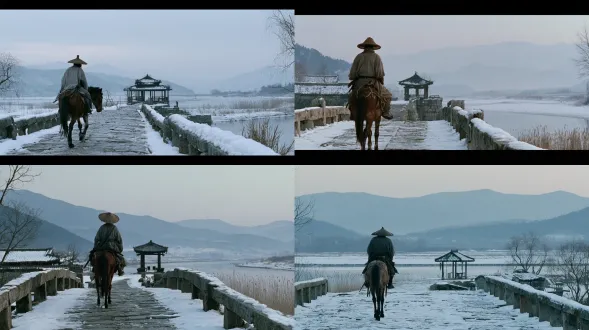 a live-action wuxia film still with a refined song-painting sense of space: a lone wandering swordsman wearing a woven bamboo hat rides a thin weathered horse across an old stone bridge covered with fresh snow, moving slowly toward a quiet post station pavilion at the far end. the composition is open and luminous, with the bridge, rider, and horse gathered in the lower-left portion of the frame while a broad expanse of pale winter sky, silent riverbank, and layered distant mountains provides calm negative space. the man is not posing for the viewer; his shoulders are slightly lowered from fatigue, and the horse steps carefully on the frosted stones. use a clear, unobstructed panoramic landscape view, deep natural depth of field, and gentle atmospheric recession in the far mountains. snow rests on the bridge rail, roof tiles, and sparse reeds. the light is bright but soft, shaped by overcast daylight and snow bounce, keeping rich readable midtones and visible texture in cloth, stone, and wood. desaturated blue-gray, snow white, and worn brown dominate, with subtle organic film grain and soft highlight roll-off. the image should feel solitary, restrained, and cinematic, never poster-like.