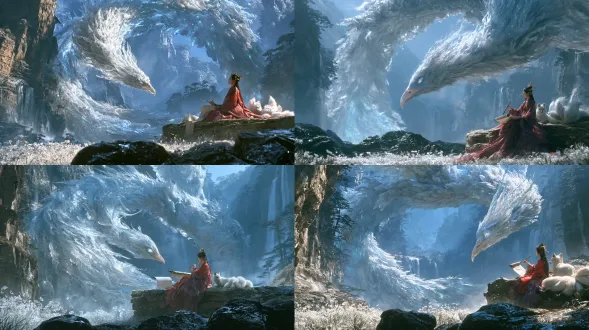 cinematic eastern mythic game key art, a colossal celestial ice-phoenix formed of living white-blue light arcs in a vast c-shaped curve through a misty mountain gorge, its long translucent neck bending down toward a tiny woman, narrow pale beak, one crystalline eye, thousands of ordered frost-feather strands layered like carved ice, long tail plume dissolving into cold vapour, faint jade-blue subsurface glow inside the thinnest quills, the woman seated on a mossy stone ledge in crimson and violet layered hanfu with wide sleeves, gold hairpins and a small jade crown, holding a brush above an unrolled paper scroll, a white fox with three tails resting beside her, snow-white wildflowers and frozen grass in the foreground, dark wet boulders silhouetted at the lower edges, distant waterfall cliffs and pine ridges fading into pale blue fog, cool cobalt and silver-blue dominant palette with one warm crimson accent and antique gold highlights, decisive backlight from upper left, volumetric god rays through mist, wet stone reflections, layered foreground midground background depth, ultra-detailed silk weave, frost crystals, soft fur, painterly-photographic hybrid like a high-budget eastern fantasy film still, elegant negative space