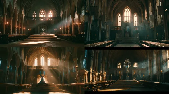 cinematic film still, japanese youth art film, iwai shunji style, shinoda noboru, fuji eterna, 90s japanese film, 35mm, low angle wide shot, harry potter great hall reference, rectangular stone hall 60m deep 30m wide, far raised platform one third, star cup on central pedestal, central aisle, four long wooden tables each side, two rows stone columns, pointed arched windows, rear gate, ribbed vault 20m high, platform 2m three steps, star cup 1.5m silver-blue metal star engravings faint glow, floating candles, iron tripod candlesticks, six house banners, carved balustrade, medieval magic academy, classical stonework, worn steps, chipped bases, wall cracks, damaged window lattice, rusted candlesticks, scratched tables, faded banners, no vegetation, tree shadows, floating dust, dust in joints, star particles around pedestal, warm candlelight, golden hour cyan-blue sky through windows, sparse thin clouds, warm backlight through lattice, diagonal beams, slight overexposure halo, strong backlight, natural light, high contrast, cyan shadows warm highlights, coarse grain, handheld breathing, deep focus f/8, dreamy glow, high light overflow, melancholic cinematic mood