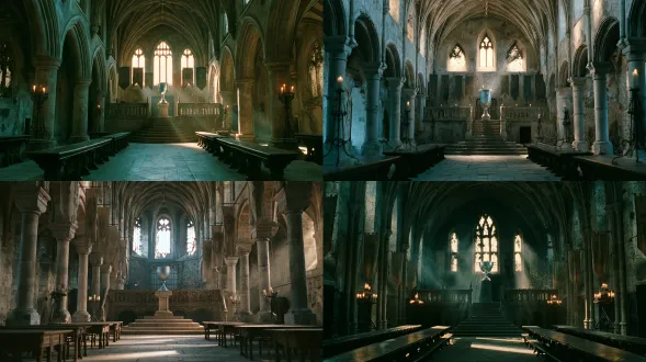 cinematic film still, japanese youth art film, iwai shunji style, shinoda noboru, fuji eterna, 90s japanese film, 35mm, low angle wide shot, harry potter great hall reference, rectangular stone hall 60m deep 30m wide, far raised platform one third, star cup on central pedestal, central aisle, four long wooden tables each side, two rows stone columns, pointed arched windows, rear gate, ribbed vault 20m high, platform 2m three steps, star cup 1.5m silver-blue metal star engravings faint glow, floating candles, iron tripod candlesticks, six house banners, carved balustrade, medieval magic academy, classical stonework, worn steps, chipped bases, wall cracks, damaged window lattice, rusted candlesticks, scratched tables, faded banners, no vegetation, tree shadows, floating dust, dust in joints, star particles around pedestal, warm candlelight, golden hour cyan-blue sky through windows, sparse thin clouds, warm backlight through lattice, diagonal beams, slight overexposure halo, strong backlight, natural light, high contrast, cyan shadows warm highlights, coarse grain, handheld breathing, deep focus f/8, dreamy glow, high light overflow, melancholic cinematic mood