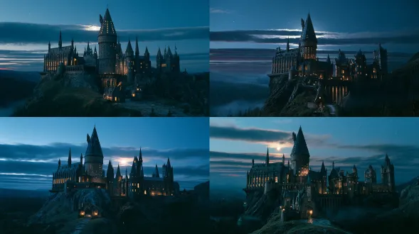 cinematic film still, japanese youth art film, iwai shunji, shinoda noboru, fuji eterna, 90s japanese film, 35mm, low angle wide shot, harry potter gothic magic castle at night, castle complex on ridge, central main tower, pointed towers, flying bridges, curtain walls, courtyards, distant valley forest, main tower 60m conical spire stone walls warm high windows flying buttresses, small towers bridges gatehouse gargoyles iron windows, english gothic medieval stonework, weathered cracked stone, damaged spire tiles, rusted bridge rails, cracked wood frames, moss, rocky ridge grass slopes forest ground mist night dew stone paths, deep blue night sky, layered horizontal clouds, moonlight through cloud gaps, dark red afterglow on cloud edges, sparse stars, slight overexposure halo, moonlight backlight, cool ambient, warm castle window practicals, high contrast, cyan shadows warm highlights, coarse grain, handheld breathing, deep focus f/8, dreamy glow, melancholic cinematic mood