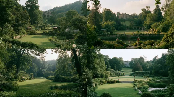 japanese youth film still,academy grounds,harry potter gardens,iwai/shinoda,eterna250d/portra/lut.empty3ha lawn/s terrace;slope to hall steps,paths to 6 arcades,e lake,w greenhouse/woods.46m n castle,sandstone walls,spires/arched windows;s-descending lawn.arcades,greenhouse,low walls,2 gazebos,copper lamps,benches.gothic grounds,castle slope,arcades,lakeside.intact worn steps,eroded mossy walls,old greenhouse glass repairs,no collapse.trimmed lawn/natural slopes,oaks,beeches,shrub borders,lake reeds,dandelions.evening w cirrus,sparse e cumulus,sun behind castle,sky one third.golden-hour backlight:key10h/20deg/4300k/+0.8ev;fill2h/6500k/-2ev;rim12h/4000k/+1.2ev;3:1.wb5600k,+1 magenta,cyan shadows,warm-gold highlights,medium-high saturation/high contrast.24mm,f/8,1/125s,iso200,deep focus,s lawn8m high/6deg down.linen banners,haze,pollen/dandelion seeds,lake/glass reflections,35mm grain,breeze,halation.empty scene;no people,creatures,anime,cg,plastic,flat light,text,watermark,distortion.