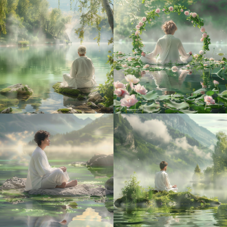 "静湖冥想，超现实油画风格，简洁对称构图，湖面如镜，倒影清晰，人物盘坐中央，素白长袍，闭目安宁，柔和自然光，梦幻淡蓝与金色调，装饰性几何元素，1:1比例，静谧氛围，极简主义，细节精致，朦胧边缘，柔和阴影，禅意美感"