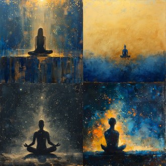冥想者盘坐于虚空莲花上，禅定手势，闭目平和，柔光笼罩，抽象粒子环绕，极简背景，超现实油画质感，细腻笔触，暖金与深蓝渐变，神圣氛围，浅景深，广角镜头，柔焦边缘，中心对称构图，精神升华感，宁静致远。
