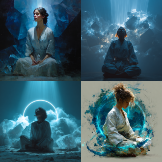 一位身着素雅白色长袍的女子闭目静坐在蓝灰色油画笔触构成的抽象空间里，星尘般的发光粒子环绕周身流转，冷色调背景中漂浮着半透明的几何晶体，超现实的光束穿透雾状粒子群形成光晕，发丝随能量涟漪微微扬起，静谧氛围中流动着神秘灵性能量，创意性构图融合了哲学意象与数字艺术质感。