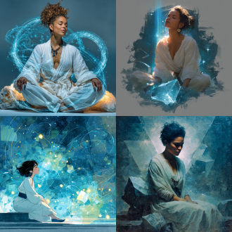 一位身着素雅白色长袍的女子闭目静坐在蓝灰色油画笔触构成的抽象空间里，星尘般的发光粒子环绕周身流转，冷色调背景中漂浮着半透明的几何晶体，超现实的光束穿透雾状粒子群形成光晕，发丝随能量涟漪微微扬起，静谧氛围中流动着神秘灵性能量，创意性构图融合了哲学意象与数字艺术质感。