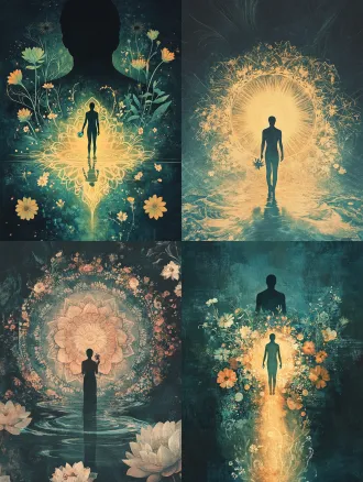a human figure standing in the center of a subtle mandala formed by light, flowers, water, and shadow; behind the figure, a darker shadow-self gently overlaps with them; one hand holds a fading flower, the other opens toward light; dreamlike symbolist editorial illustration, jungian psychological atmosphere, muted teal and amber palette, soft grain, ethereal light, subtle surrealism, no text, no watermark, 3:4