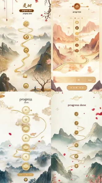 mobile game level-select screen, vertical 9:16 phone ui, traditional chinese elegant guofeng idiom puzzle game. off-white rice-paper silk texture bg with faint ink-wash mountains and misty clouds, generous negative space. classical gold-line scroll border. top center calligraphic chapter title + vermilion seal + tiny "progress". winding golden mountain-path ribbon connecting elegant circular jade-medallion nodes with soft glow; completed nodes gold with "done" seal, current level warm pulse highlight, locked levels covered by delicate off-white auspicious cloud (no padlock). seal-script milestones with vertical chapter names along path. drifting petals + firefly points. bottom-left round back btn, top-right music toggle. palette off-white/gold/vermilion/ink — premium, layered, flat vector guofeng, no illegible text, not photorealistic.