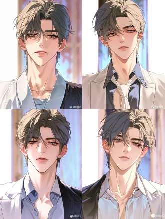 仅参考图片画风，其他以提示词为准。画28岁帅气男主，白月光，浅棕色三七分短发，温润如玉，肤色温白，五官俊朗端正，眉目温柔儒雅，身穿纯白色高定西装（内搭浅蓝衬衫），气质温和如水，风光霁月，半身像，韩漫商业插画