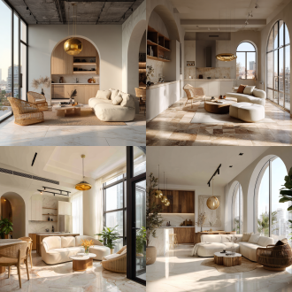 小户型loft室内设计，重点展示空间收纳柜的作用，具有生活气息，落地玻璃窗户，开放式厨房和客厅的组合柜，极简设计，暖象牙色大理石地砖，弧形沙发配云形茶几，金吊灯下柳条椅，拱门。