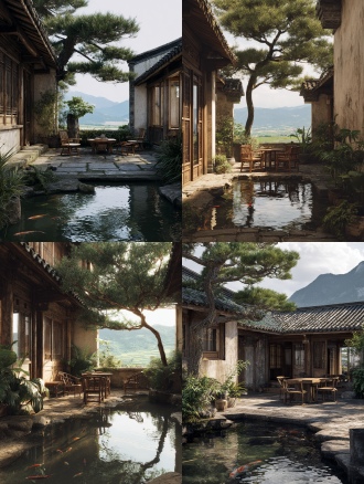 a small courtyard of a rural house in yunnan, with mud walls, green tiles, solid wood, floor-to-ceiling windows, a pine tree planted in the courtyard, with bamboo tables and chairs under the tree, a pond with swimming fish in the water scene, with distant mountains and farmland in the background, cinematic quality, hyper-realistic photography.