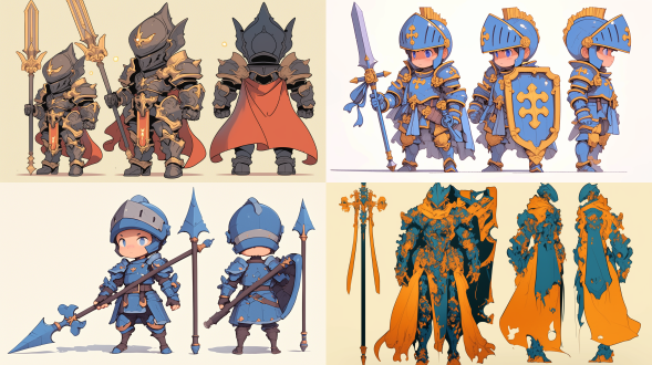 q版卡通三视图，男性角色，重甲铠甲，头戴重盔，手拿长枪，三头身比例，正面、侧面、背面，创风格，线条清晰，色彩鲜艳，扁平化设计，高光细节，动态姿势，金属质感，卡通渲染，对称构图，比例夸张，可爱风格，简洁背景。