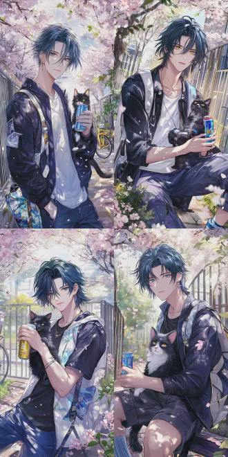 日系乙女游戏立绘，精致半厚涂+平涂，清新校园治愈风，天野喜孝式细腻线条，低饱和湛蓝色调，暖调春日柔光氛围，服装设计师宁静治愈故事感， 冰蓝渐变浅青蓬松狼尾长发男神，冰蓝渐变浅青蓬松狼尾长发男神，冰蓝渐变浅青蓬松狼尾长发男神，冰蓝渐变浅青蓬松狼尾长发男神，发间别金色几何发夹，通透琥珀色眼眸，温柔笑意，清新文艺气质， 高领黑色打底衫，外搭白+藏青拼色工装夹克（绣蓝色暗纹），浅灰休闲短裤，蓝白条纹长袜， 单手握着蓝金撞色罐装汽水，身体倚靠校园长椅，怀里抱着戴蓝色领结的黑猫，眼神温柔望向镜头， 春日樱花校园步道场景，暖黄柔光从枝桠间洒下，背景金属围栏与教学楼，地面粉白樱花花瓣， 环绕画面的粉白樱花枝、小雏菊与绿叶，肩上帆布包挂迷你鞋饰与剪刀挂饰，散落布料碎片与纽扣，背景黄色自行车， 竖版大半身构图（同第二张视角），8k超精细画质，清晰发丝与布料褶皱，黑猫毛发质感，宝石耳钉通透感，淡蓝轮廓光，湛蓝低饱和配色，服装设计师宁静治愈感