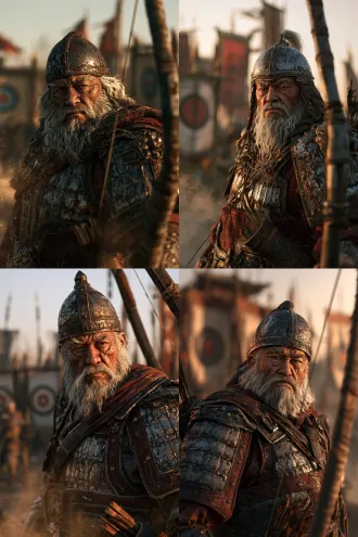 3d realistic chinese guofeng game cg, three-quarter body, huang zhong 黄忠, old general, white hair and beard, weathered stern face, sharp eyes, worn iron helmet, dark red and iron-grey lamellar armor, quiver at waist, holding a heavy bow, background military camp archery targets and banners, warm sunset light, dust in air, cinematic side light, ue5 quality, 8k, no text, no watermark