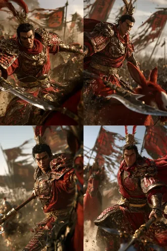 3d realistic chinese guofeng game cg, three-quarter body, lu bu 吕布, fierce arrogant face, sharp brows, gold hair crown, crimson-gold beast-face lamellar armor, red battle robe, gold belt, holding a halberd fangtian huaji with cold steel edge, red hare warhorse and broken han banners behind, battlefield dust, low camera angle, cinematic side backlight, ue5 quality, 8k, no text, no watermark