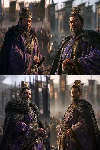 3d realistic chinese guofeng game cg, three-quarter body, yuan shao 袁绍, aristocratic middle-aged lord, proud condescending gaze, gold crown, purple robe with gold patterns, black alliance-leader cloak, long sword at waist, hand on hilt, background allied warlords camp with rows of banners, morning mist and cold light, cinematic backlight, ue5 quality, 8k, no text, no watermark