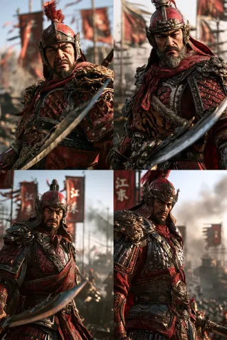 3d realistic chinese guofeng game cg, three-quarter body, sun jian 孙坚, fierce resolute face, short beard, tiger-like eyes, red-iron helmet, tiger-pattern and crimson lamellar armor, battle robe, holding a long blade guding dao, background jiangdong banners and warships, river wind and smoke, low camera angle, cinematic side light, ue5 quality, 8k, no text, no watermark