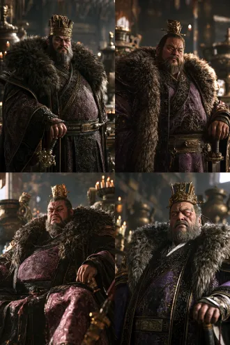3d realistic chinese guofeng game cg, three-quarter body, dong zhuo 董卓, corpulent imposing figure, arrogant face, short beard, sinister eyes, gold crown, purple-black brocade robe with dark gold patterns, heavy fur cloak, jade belt, hand on sword hilt, background luoyang palace and bronze censers, cold light mixed with candlelight, cinematic low-key lighting, ue5 quality, 8k, no text, no watermark