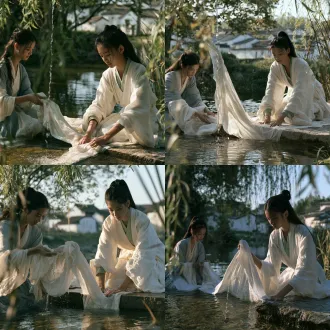 16:9 横幅，50mm 平视中远景，明确只有两位年轻女子人物位于画面中下部，溪水、树荫和远处白墙村屋占据更大空间。前景右侧是同系列清雅主角：十三岁左右，修长自然，鹅蛋脸，柔和骨相 细眉杏眼 修直鼻梁 温润真实肤色 黑发半束低髻；米白宋式棉麻外袍 叠淡苔绿交领内衫。她跪坐在树荫下石台边，双手将一段素白棉麻布缓慢压入清水，视线落在布面。左侧稍后的同伴穿低饱和灰蓝与米白衣装，双手从相反方向轻轻拧出长布水分，脸型略长、低髻更松，与主角清秀但不复制。湿布在两人之间形成舒缓对角线，真实下坠，细水沿最低褶皱落入溪中形成小而清楚的涟漪。柳枝和芦苇只在画框边缘柔焦，水面反光轻触下颌和袖口，树叶筛光温暖、天空补光清凉。画面有水声般的安静，不故嬉戏合影