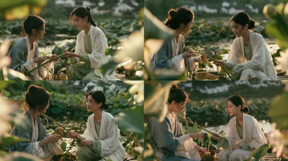 16:9 横幅，50mm 平视中远景，画面只有两位年轻女子，人物居于画面中下部，荷塘、层层荷叶、水面与远处白墙村屋占据更大空间。前景右侧为主角，十三岁左右，修长鹅蛋脸，柔和骨相，细眉杏眼，修直鼻梁，温润真实肤色，黑发半束低髻；米白宋式棉麻外袍叠淡苔绿交领内衫，跪坐在临水木栈板上，一手仍扶着莲茎。左侧稍后的同伴，脸型略长，发髻松垂，身着低饱和灰蓝配米白宋式麻衣，双手托起带着水珠的莲梗，把饱满莲蓬稳稳放进身侧竹编浅篮。二人视线短暂轻轻相接，随即又自然落回手上的劳作，神情清雅安静。莲梗带着湿润光泽，水珠顺着梗身缓缓下坠，竹篮边缘散落两三枚刚采下的莲蓬。青绿莲茎在两人之间形成舒缓对角线，宽大荷叶、半开荷花只在画框边缘柔焦虚化，水面反光轻扫下颌与袖口，树叶筛下暖调碎光，远处天光冷补光柔和托亮面容。荷叶、衣袂随同一缕微风轻轻晃动，无摆拍感、无刻意合影，沉静自然的劳作瞬间，阿莱艾丽莎 raw 实拍质感，低饱和温润胶片色调，细腻原生胶片颗粒，柔和景深，无文字。 负面提示词：畸形手部，多余手指，扭曲肢体，大笑，直视镜头，艳丽高饱和色彩，卡通，二次元，涂鸦，水印文字，拥挤杂乱背景，额外人物。