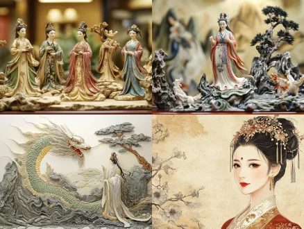 一张图片，包含广绣，广彩，木雕，灰塑这些岭南传统技艺，不要漫画风格