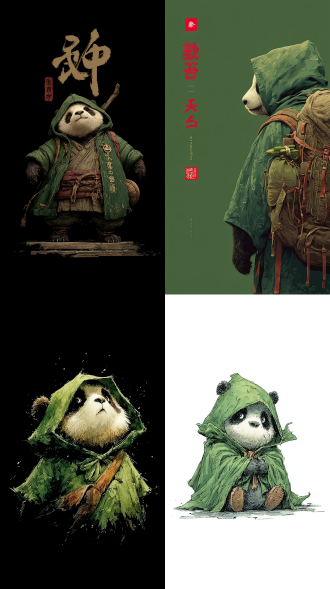panda, travel and adventure, exchange logo, inspired by zhou jichang, wearing green cloak, readable font, けもの, travel