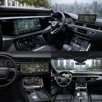 "audi china car infotainment main interface, localized ux design, minimalist layout with 3-tier function menu, integrated gaode's amap navigation (showing beijing cbd traffic), voice assistant pop-up window (with chinese text" 已为您找到附近的网红咖啡店 ") , premium black and silver color scheme, audi tech aesthetic, hyper-realistic screen display, 8k resolution, driver's perspective"