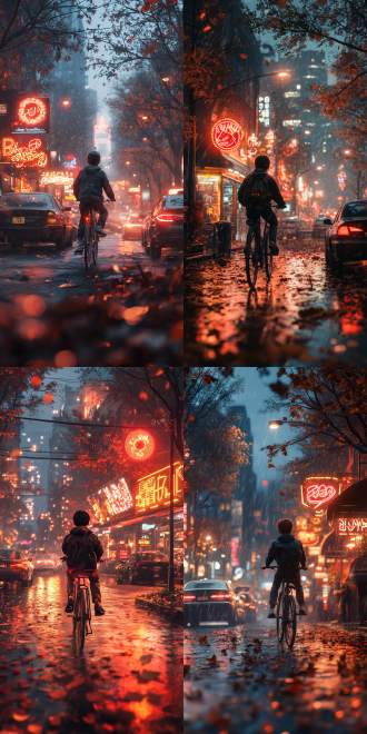 一个骑着自行车的男孩在夜晚城市的马路上，写实风格，马路上有两三辆汽车经过，路旁是郁郁葱葱的树和闪着霓虹灯的烧烤店，地上有几片落叶，灰暗的天空被城市的灯光照的略微发亮，以男孩的视角生成