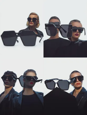 两个时尚欧洲男女佩戴参考图同款墨镜，都市天台黄昏，全身照，低角度拍摄，霓虹灯光晕，冷色调，背景摩天楼，广角镜头，浅景深，动态姿势，自信表情，未来主义时装，皮革与金属质感，轮廓光，电影感，赛博朋克风格。