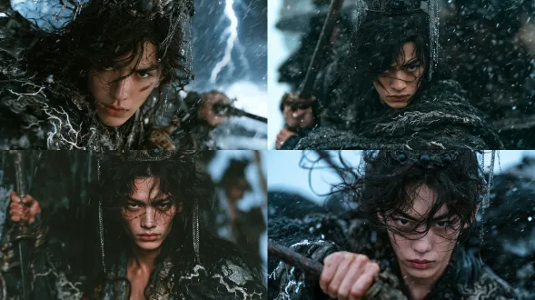 a strikingly handsome young east asian man with sharp chinese facial features, high cheekbones, defined jawline, deep-set dark eyes, warm wheat-toned skin, fierce and resolute expression. wearing an opulent cinematic wuxia layered black and silver battle-worn silk robe with intricate metallic lightning and cloud embroidery :1.2, towering elaborate minimalist metal hair crown with dark gemstones and dangling silver chains :1.2, bronze belt hook and ceremonial sword at waist :1.2. makeup includes faint scar-like mark on cheek, sharp upward-sweeping eyeliner, natural unpolished lips without makeup. pose: hand gripping sword hilt, piercing forward gaze against the storm. environment: towering cliff peak amidst a violent thunderstorm, raging wind, heavy rain streaks, dramatic lightning strikes illuminating the dark sky, swirling dark clouds, nostalgic 90s hong kong wuxia grandeur. camera angle: slight low angle, medium full shot, rule-of-thirds composition with the character anchoring the frame against the chaotic sky. lighting: dramatic lightning flashes acting as harsh key light with cool blue ambient storm light, sculpting asian facial contours and robe textures, subtle lens flare mimicking vintage film cameras, soft diffusion on skin retaining raw texture, dramatic chiaroscuro, 90s hong kong film soft focus aesthetic. real life photography, unpolished raw skin texture, visible pores, natural skin sheen, sharp focus on eyes, highly detailed, cinematic film grain. optics: 50mm lens for natural human-eye perspective half-body shots capturing both the character and the stormy environment, f/2.8 aperture for balanced depth of field keeping the subject sharp while slightly softening the heavy rain in the background. subtle natural vignetting, minimal chromatic aberration at frame edges, and organic lens breathing. realistic skin tones, lifelike color grading, 8k resolution, masterpiece. distinct from any digital art, cartoon, illustration, 3d render, smooth plastic skin, flat lighting, western facial features, caucasian appearance, non-asian ethnicity, puppet, marionette, bjd doll, or amateur cosplay.