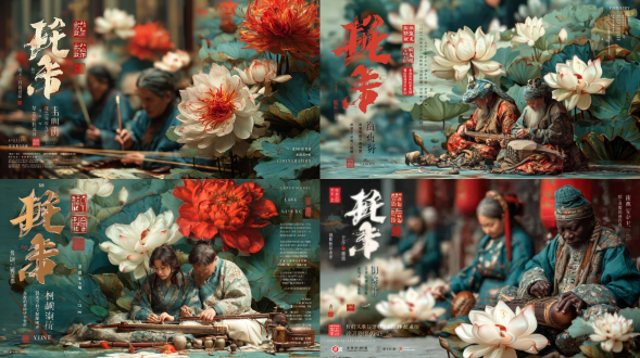 "問雅琴文化傳播海報，古典優雅風格，舞台表演者演奏民樂，背景水墨畫元素，柔和光線，暖色調，傳統服飾，專注表情，樂器特寫，文化傳承氛圍，高清細節，淺景深，自然光與舞台光結合，動態構圖，金色與紅色主色調，寧靜愉悅情感。"