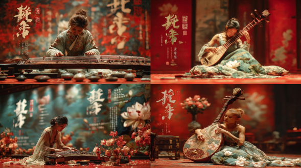 古筝美女演奏，国风主题，古建筑模糊背景，舞台灯光聚焦，优雅长裙，专注表情，高端大气，侧逆光，暖色调，浅景深，广角镜头，动态捕捉，丝竹乐器，文化传承，古典美学，金色装饰，柔美姿态，现场演绎，华丽氛围，民乐培训，活动策划。