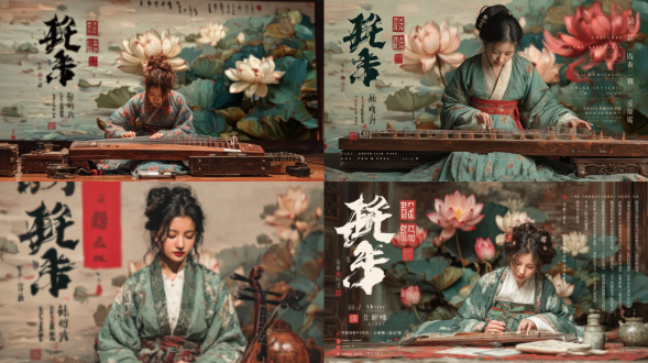 古筝演奏美女，身着汉服，优雅专注，背景模糊古建筑，国风主题，舞台灯光柔和，金色暖色调，浅景深，长焦镜头，高端大气，文化氛围浓厚，传统乐器演绎，活动策划展示，古典与现代融合。