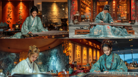 古筝演奏美女，身着汉服，优雅专注，背景模糊古建筑，国风主题，舞台灯光柔和，金色暖色调，浅景深，远景，广角镜头，高端大气，文化氛围浓厚，传统乐器演绎，活动策划展示，古典与现代融合，丝绸质感服饰，精致发饰，自然妆容，静中带动，琴弦细节，光影层次，暖色聚光，文化符号点缀。