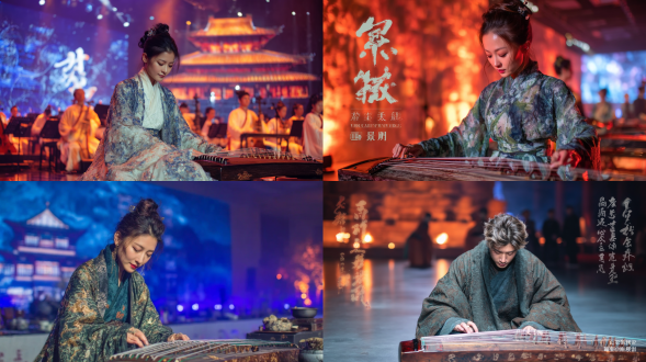 古筝演奏美女身着精致汉服，优雅专注，舞台背景模糊古建筑，国风主题，柔和舞台灯光，金色暖色调，浅景深，远景，广角镜头，高端大气，文化氛围浓厚，传统乐器演绎，古典与现代融合，汉服细节精致，舞台活动场景，侧光，高清晰度，动态平衡，文化传承，东方美学，情感深沉，纹理细腻。