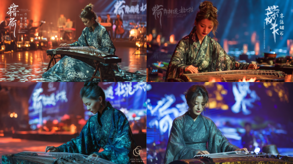 古筝演奏美女身着汉服优雅专注，舞台背景，国风主题，柔和舞台灯光，金色暖色调，远景，广角镜头，高端大气，文化氛围浓厚，传统乐器演绎，古典与现代融合，汉服细节精致，舞台活动场景