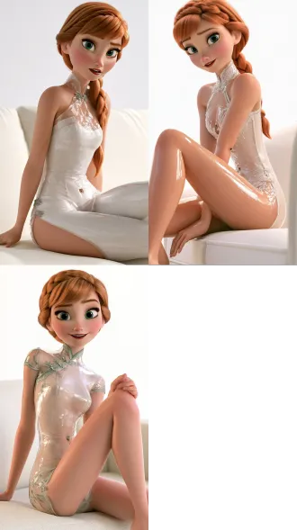 anna from frozen, sitting on a plain sofa, short fitted spandex clear cheongsam, glossy, navel piercing, solid white background, elation, 8k