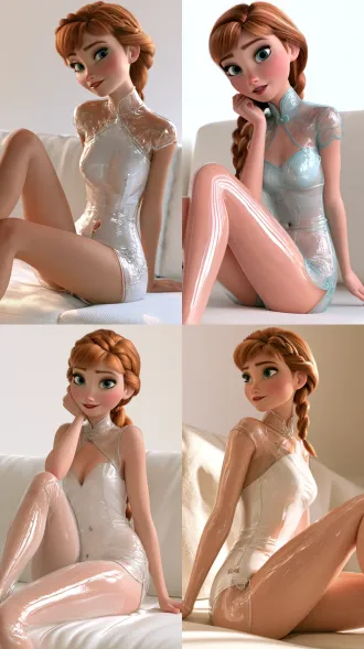 anna from frozen, sitting on a plain sofa, short fitted spandex clear cheongsam, glossy, navel piercing, solid white background, elation, 8k