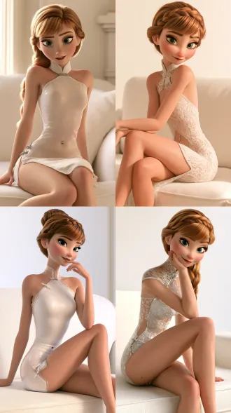 anna from frozen, sitting on a plain sofa, short fitted spandex clear cheongsam, navel piercing, solid white background, elation, 8k