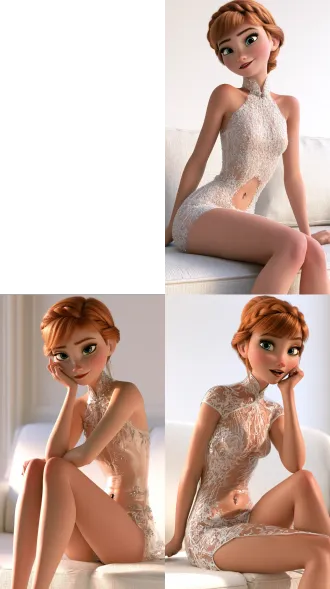anna from frozen, sitting on a plain sofa, short fitted spandex clear cheongsam, navel piercing, solid white background, elation, 8k