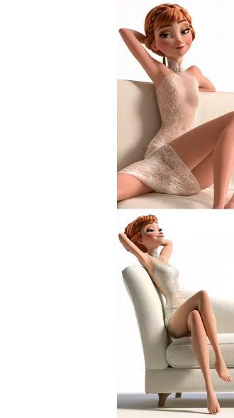 anna from frozen, sitting on a plain sofa, short fitted spandex clear cheongsam, navel piercing, solid white background, elation, shoulders leaning back, 8k