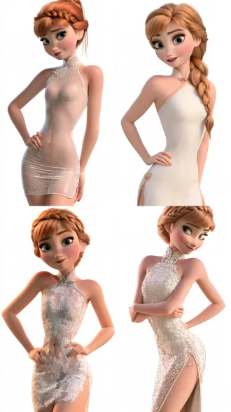 anna from frozen, short fitted spandex clear cheongsam, navel piercing, solid white background, elation, 8k