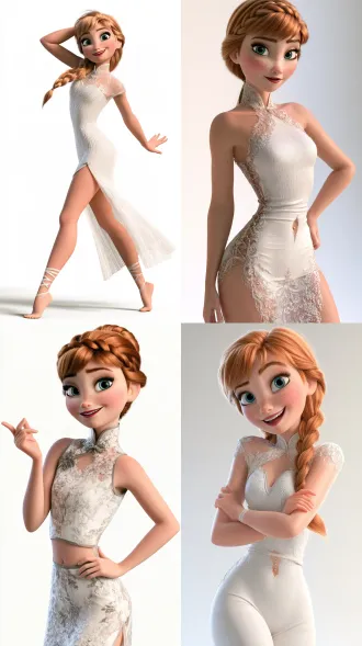anna from frozen, short fitted spandex clear cheongsam, navel piercing, solid white background, elation, 8k
