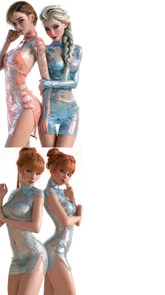 two stunningly beautiful woman who look like anna from frozen, short fitted spandex clear cheongsam, navel piercing, solid white background, elation, 8k