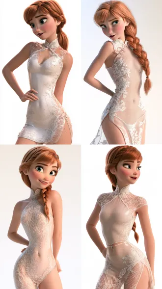 stunningly beautiful anna from frozen, short fitted spandex clear cheongsam, navel piercing, solid white background, elation, 8k