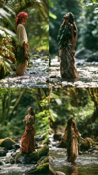 photo, stunningly beautiful young woman, polynesian culture, in rainforest stream
