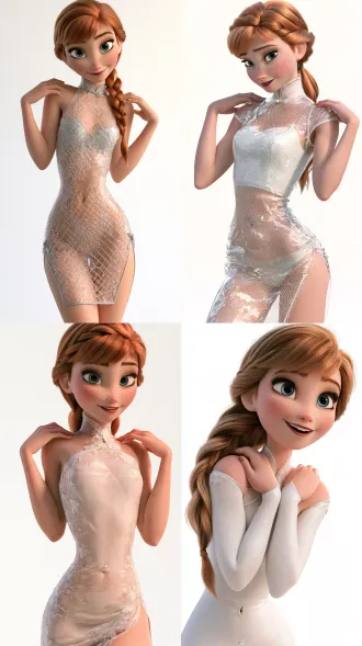 stunningly beautiful anna from frozen, short fitted spandex clear cheongsam, navel piercing, solid white background, hands on shoulders, elation, 8k