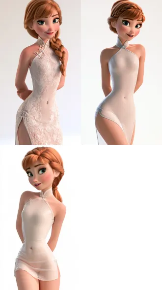 stunningly beautiful anna from frozen, short fitted spandex clear cheongsam, navel piercing, solid white background, hands behind back, elation, 8k